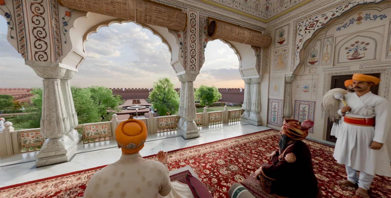 The Aram Mandir in 1650, reconstructed: courtiers in turbans on a carpeted terrace beneath painted arches