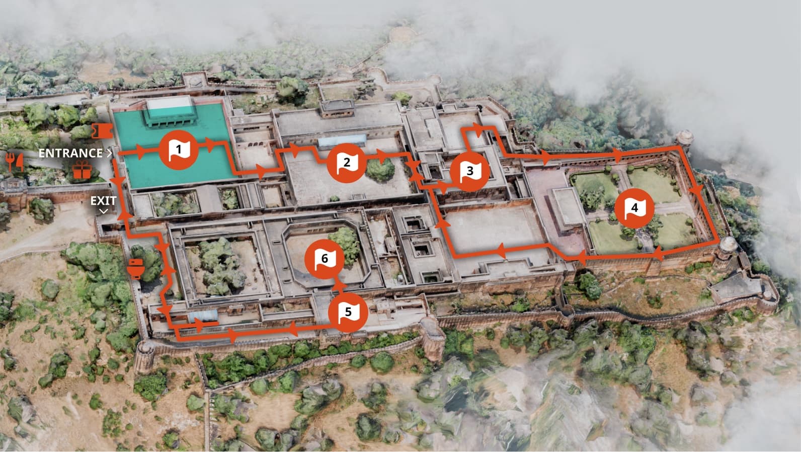 Map of the tour route through Jaigarh Fort, from the entrance through six numbered areas to the exit