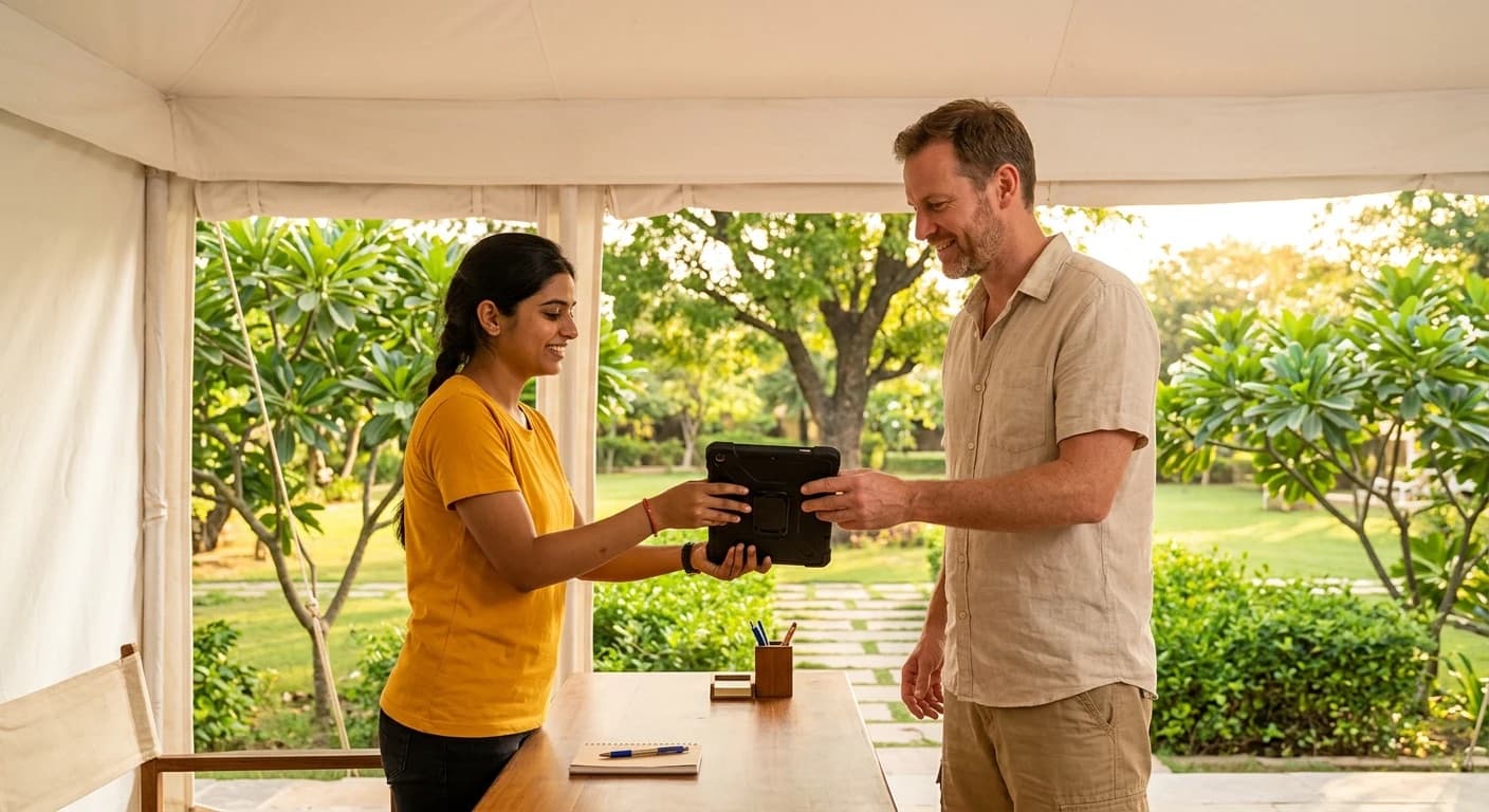A Lumera team member hands a visitor a tablet at the kiosk tent