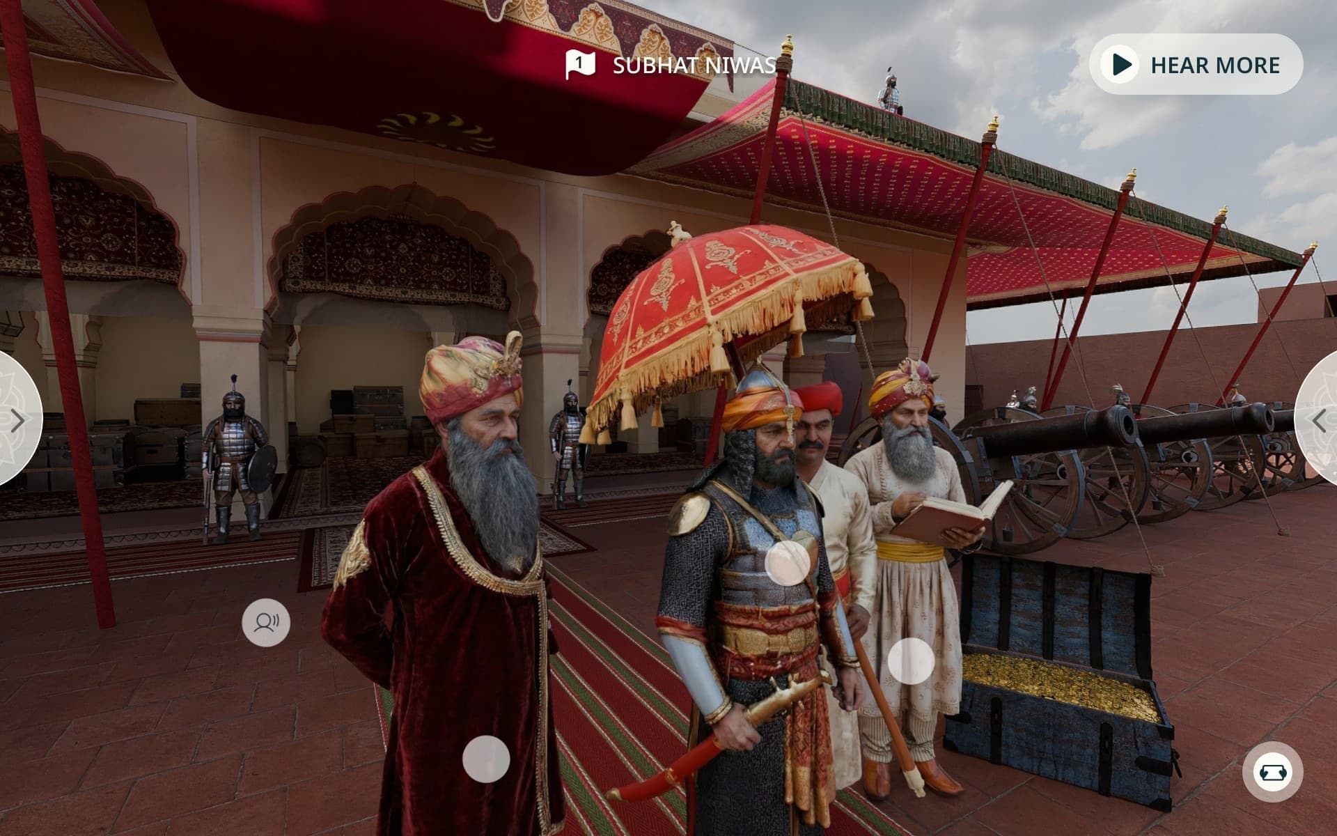Subhat Niwas in 1650, reconstructed: courtiers and an armoured commander under a ceremonial parasol, with guards, cannons and a chest of gold